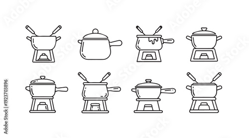 Fondue Pot Set Icons Collection - Line Art Style