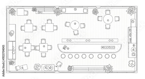 Restaurant layout with tables, chairs, and bar area, top view, detailed plan.