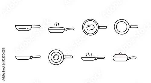 Frying Pan Icons Set - Cooking Equipment Collection with Different Views