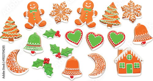 Christmas Gingerbread Cookie Vector Set with Festive Icing Decorations, Holiday Shapes, and Sweet Bakery Illustrations for Seasonal Design Projects
