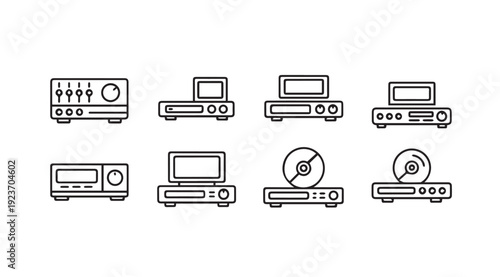 Home Audio Video Equipment Icons: Receivers, DVD Players, CD Players, Media Devices