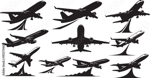 Collection of airplane silhouettes in various flight positions vector