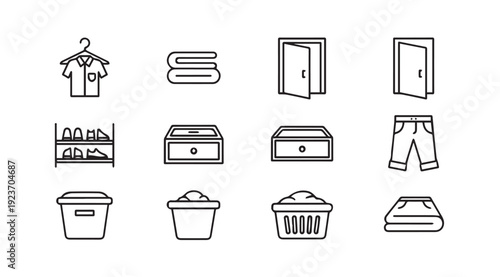 Home Organization Icons: Laundry, Storage, and Clothing Management Line Art