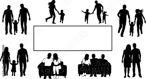 Happy children playing outdoors silhouettes, boy holding toy airplane, girl with balloons, pet dog running on grass, childhood summer fun vector,