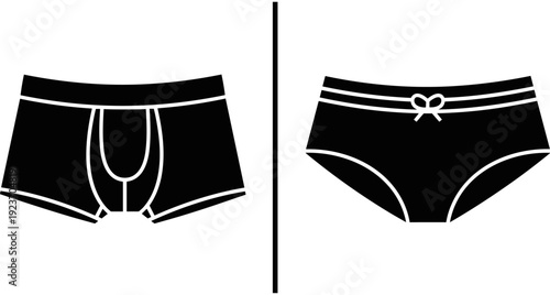 Men and women underwear icons set, male boxer briefs and female panties silhouettes, black fashion lingerie vector illustration on white background,