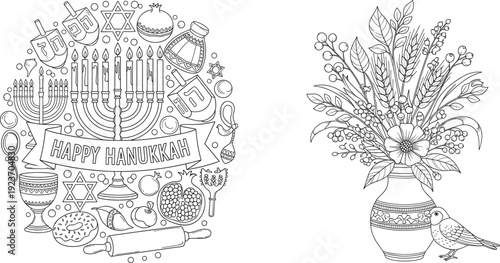 Hanukkah and Floral Vase Coloring Page Vector Set with Menorah, Dreidel, Traditional Symbols, and Detailed Botanical Arrangement Line Art Illustration