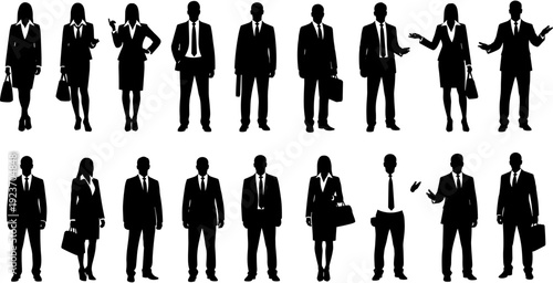 Business people silhouettes set, professional men and women in suits, corporate office team, standing poses, group of entrepreneurs, formal wear,