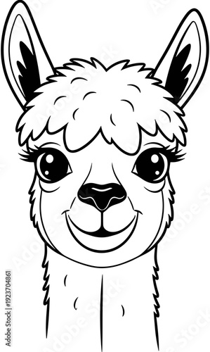 Cute alpaca head vector illustration, cartoon llama face, black and white line art, smiling animal, fluffy fur, nursery decor, coloring book,