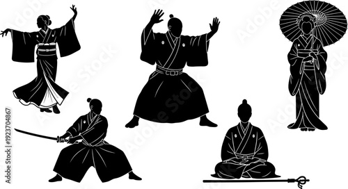 Traditional Japanese culture vector silhouettes set, featuring samurai warrior, katana sword, geisha woman, kimono dress, martial arts, meditation, and oriental umbrella,