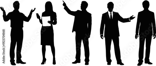 Corporate business professionals silhouettes, standing men and woman in formal suits, leadership poses, executive team, presentation gestures, office colleagues, management figures, vector illustratio