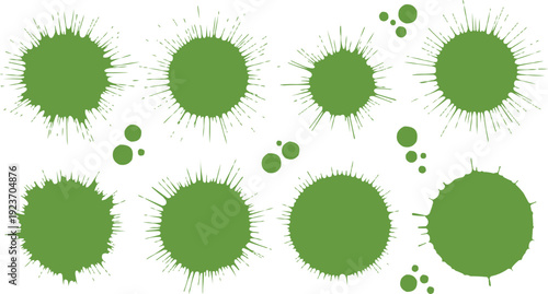 The image above shows a series of green spots arranged on a white background, creating a visually striking contrast. The large spots are rounded but have irregular edges, giving them a jagged or organ