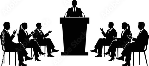 Speaker at podium silhouette, business conference meeting, audience clapping hands, corporate presentation, public speaking event, professional seminar, leadership talk, keynote speech,