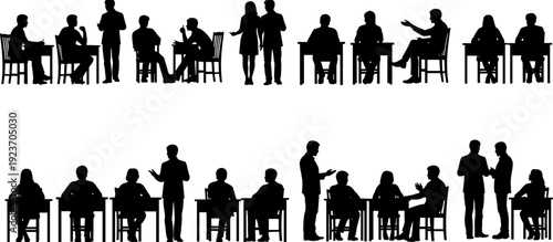 Set of people silhouette sitting in office, business meeting silhouettes, professional workers talking, group of diverse people silhouettes, workspace,