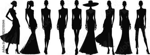 Group of elegant fashion models in silhouette wearing luxury evening gowns and stylish dresses for runway, high couture, and glamour