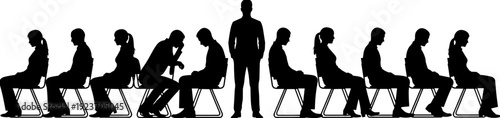 Professional, group, of, diverse, business, people, silhouettes, sitting, in, a, row, waiting, for, a, job, interview, and, recruitment, process, concept, vector.