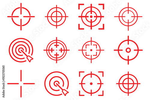 Red Target icons. Focus symbol in circle. Isolated gun shoot aim set. Bullseye vision collection. Focus icon, outline style icon for web site or mobile app, vector graphics.