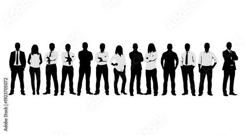 Businessmen and businesswomen silhouettes set, corporate professional people standing, office workers team in formal suits, diverse executive group, vector illustration, isolated.