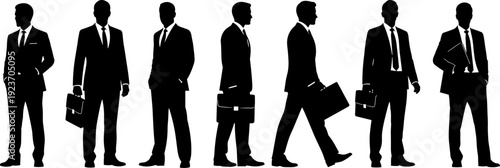 Businessmen silhouettes set, corporate professionals with briefcases, male office workers standing and walking, formal suit executive team, vector illustration, isolated.