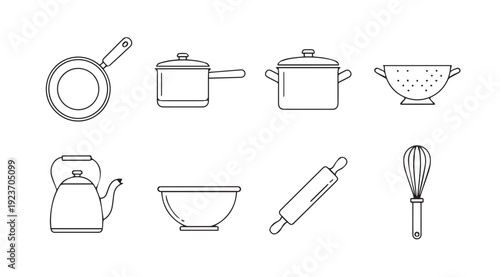 Kitchen Utensil Icons: Frying Pan, Pots, Kettle, Bowl, Rolling Pin, Whisk, Colander