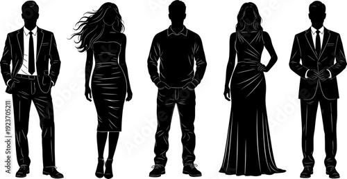 Set of elegant fashion people silhouettes, men in suits and women in evening dresses standing, formal party group collection.