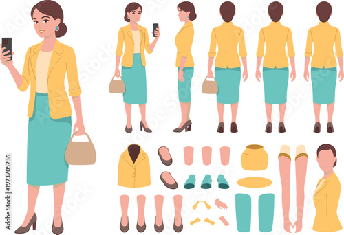 Business woman character set, professional office lady illustration, corporate outfit vector, female worker design
