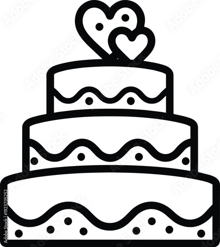 Three tiered wedding cake icon with heart toppers, black and white line art illustration for marriage celebration, anniversary party, coloring