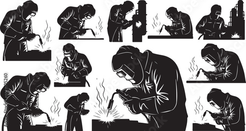 Welder at work in various positions and angles depicted