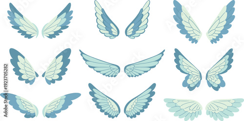 Blue Angel Wings Vector Collection with Soft Feathered Fantasy Wings in Different Positions for Game Design, Illustration, and Magical Character Concepts