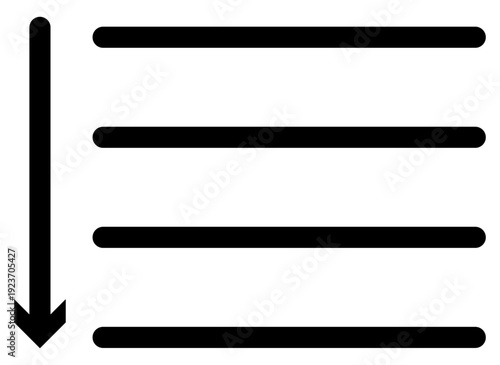 Professional black and white vector icon showing a sorting process with a vertical downward arrow and horizontal bars. Ideal for data organization, UI design, and list management themes.