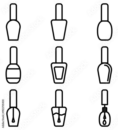 Minimalist nail polish line icons in diverse shapes. Ideal for beauty salons, manicure apps, and cosmetic branding. Clean, professional outlines for modern web and print design projects.