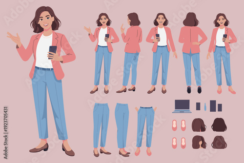 Business woman character illustration, office worker vector set, professional female poses, corporate style design
