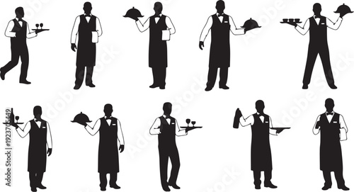 Silhouettes of waiter in various poses with serving items