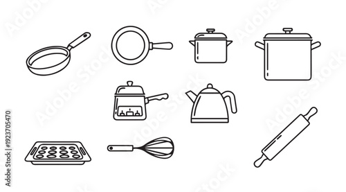 Kitchenware Icons: Pans, Pots, Kettle, Whisk, Rolling Pin & Muffin Tin Line Art