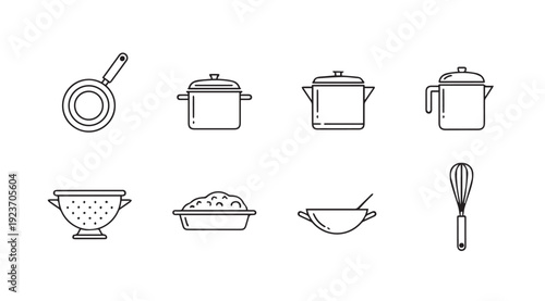 Kitchenware Icons Set - Cooking Pots, Pan, Whisk, Colander, Bowl, Stock Media