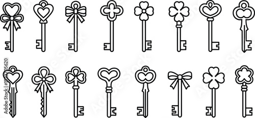 Decorative heart and clover skeleton key outline set, vintage ornamental icons, vector illustration