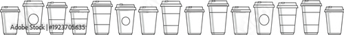 Disposable coffee cup line icon set, takeaway paper cups collection, minimal outline style, vector illustration