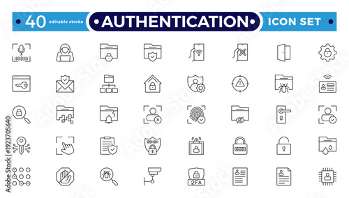Authentication outline icon set. Identity icon set. Containing ID card, biometric, fingerprint, identification, passport, DNA, and authentication icons. Editable stroke outline icon.
