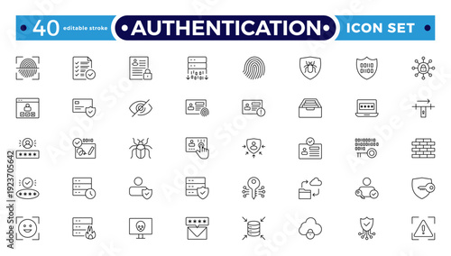 Authentication outline icon set. Identity icon set. Containing ID card, biometric, fingerprint, identification, passport, DNA, and authentication icons. Editable stroke outline icon.
