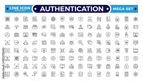 Authentication outline icon set. Identity icon set. Containing ID card, biometric, fingerprint, identification, passport, DNA, and authentication icons. Editable stroke outline icon.
