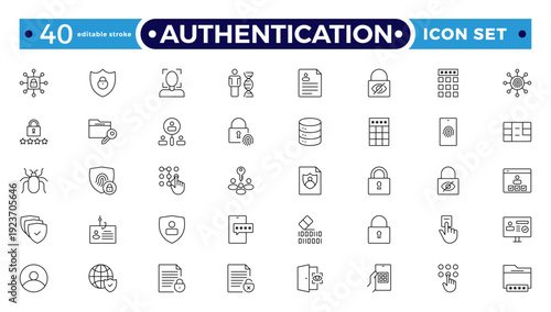 Authentication outline icon set. Identity icon set. Containing ID card, biometric, fingerprint, identification, passport, DNA, and authentication icons. Editable stroke outline icon.
