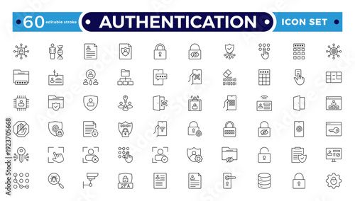 Authentication outline icon set. Identity icon set. Containing ID card, biometric, fingerprint, identification, passport, DNA, and authentication icons. Editable stroke outline icon.
