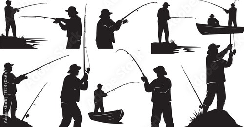 Silhouette of men fishing in various poses and settings outdoors