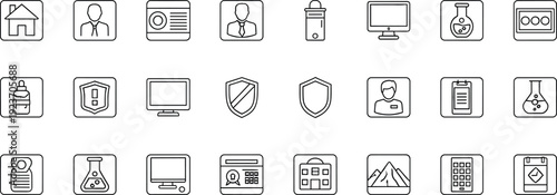 Education and security app line icon set, school, profile, shield, laboratory, vector illustration