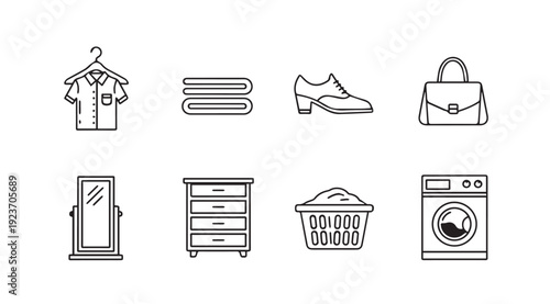 Laundry and Wardrobe Icons Set: Shirt, Towels, Shoe, Bag, Mirror, Dresser, Basket, Washer