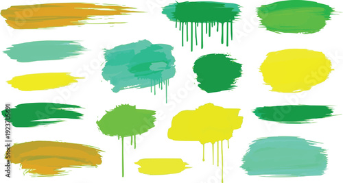 Described is a collection of brush strokes, each displaying a unique shape and texture. The use of different shades of green, yellow, and blue creates a vibrant and dynamic visual effect against 