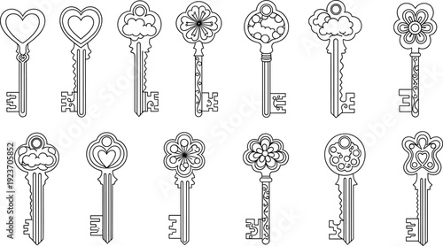 Ornamental vintage skeleton key set, heart and floral decorative outline icons, vector illustration