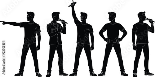 Silhouette, of, a, male, singer, performing, on, stage, with, microphone, set, of, various, poses, musical, artist, vocal, concert, entertainment, graphics.