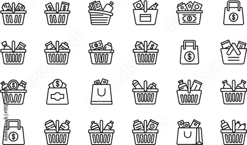 Shopping basket and grocery cart line icon set, retail, supermarket, ecommerce, vector illustration