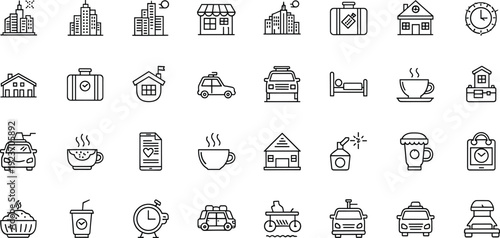 Travel and city lifestyle line icon set, hotel, taxi, coffee, luggage, buildings, vector illustration
