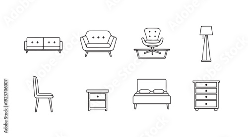 Line Art Furniture Icons: Sofa, Chair, Bed, Dresser, Lamp, Nightstand